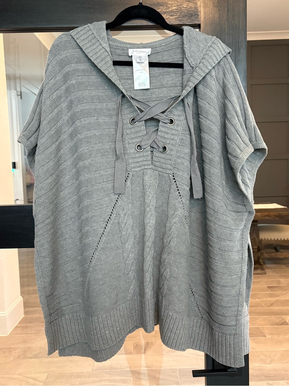 Motherhood Maternity Gray Knit Lace-Up Hooded Poncho Sweater S/M Cozy Oversized - Picture 2 of 9